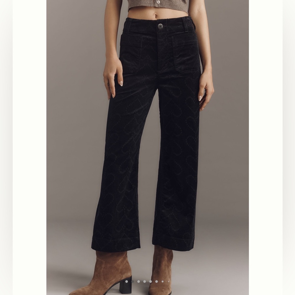 🖤 Anthropologie Colette Cropped Wide-Leg Corduroy Pants NEW Charcoal Hearts